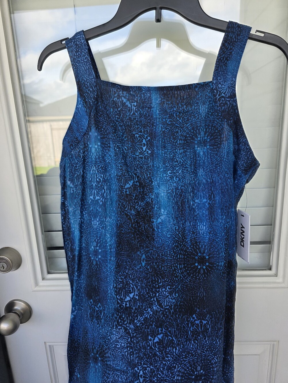 DKNY Blue Printed Shift Dress Size 10P Sleeveless Knee Length Bow NWT $138 - Picture 3 of 9